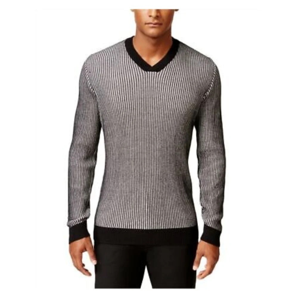 ALFANI | Mens V-neck Knit Sweater Cotton Deep Black